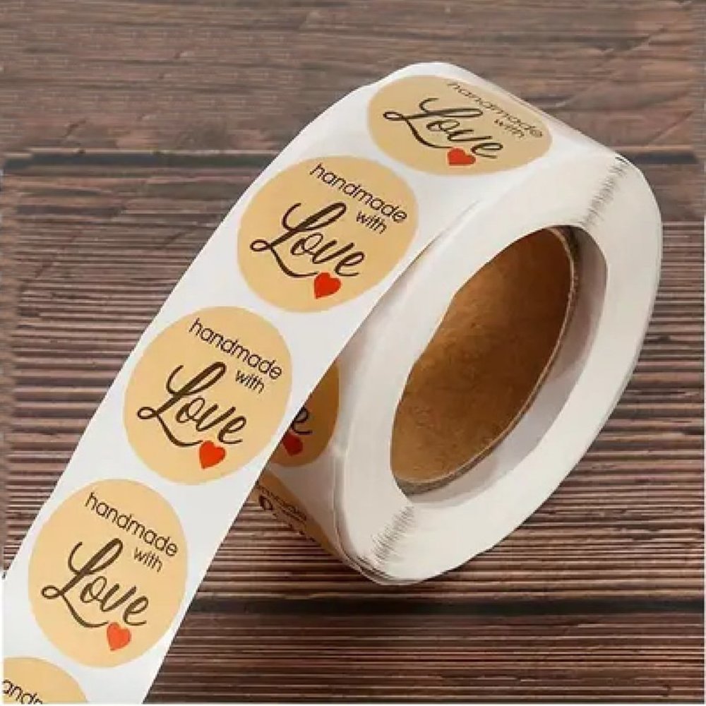 NEW 500pcs/roll Handmade With LOVE Script Stickers - Light Brown Kraft Labels